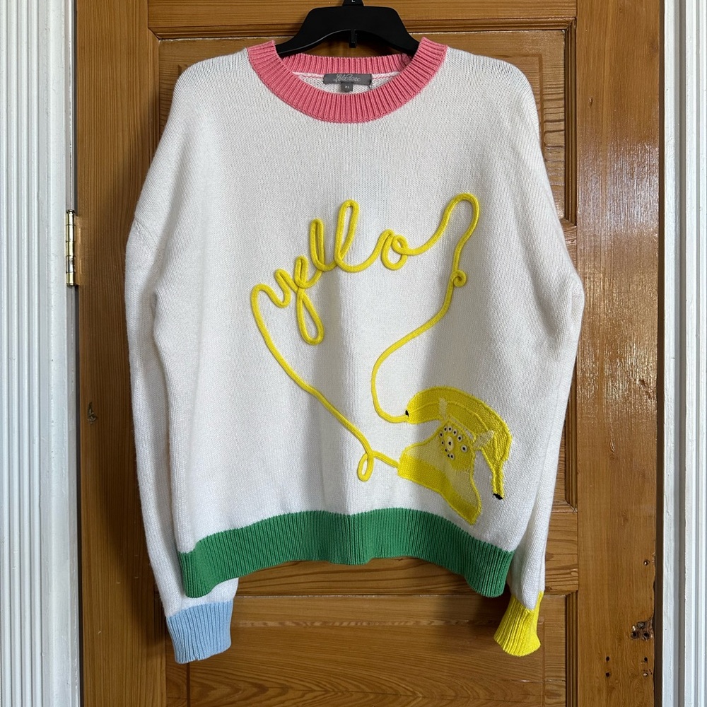 Lela Rose White and Pink Crew Neck Sweater with Graphic Design